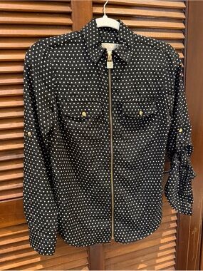 Michaels Black and White Polka Dot Zip-Front Top with Gold Trim